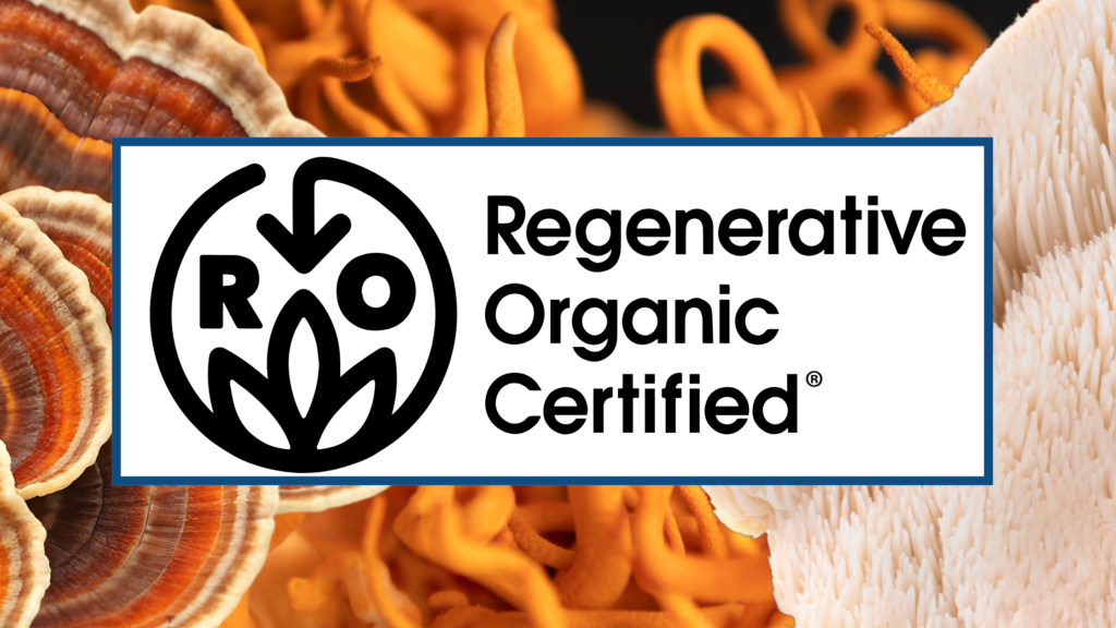 Regen Organic Logo over Turkey Tail, Cordyceps, and Lion's Mane Mushrooms