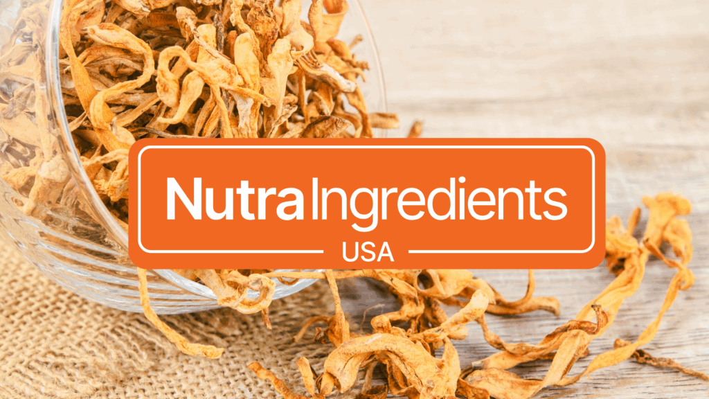 Dried Cordyceps in the background behind "nutraingredients" logo in orange and white.